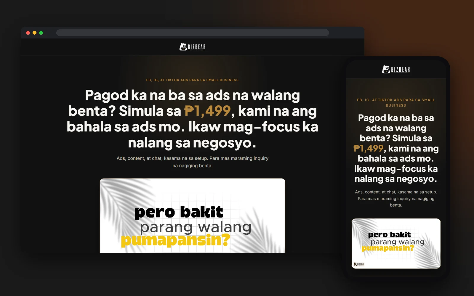 BizBear landing page shown on a desktop browser and a phone